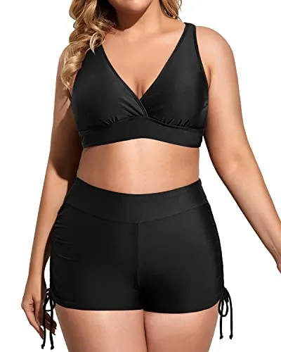Womens Three Piece Plus Size Tankini Swimsuits With Bikini Top-Blue And Black Stripe