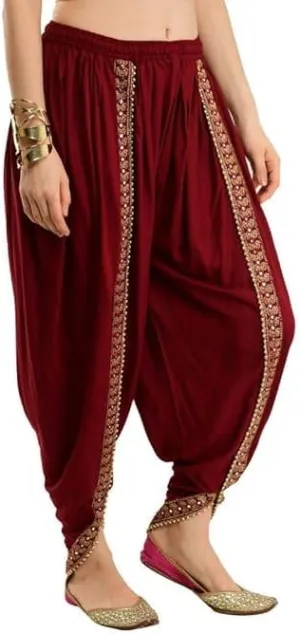 Women's Traditional Dhoti Harem Pants, Cream White with Gold Embellishments, Free Size 28-36
