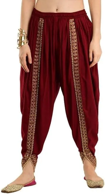 Women's Traditional Dhoti Harem Pants, Cream White with Gold Embellishments, Free Size 28-36