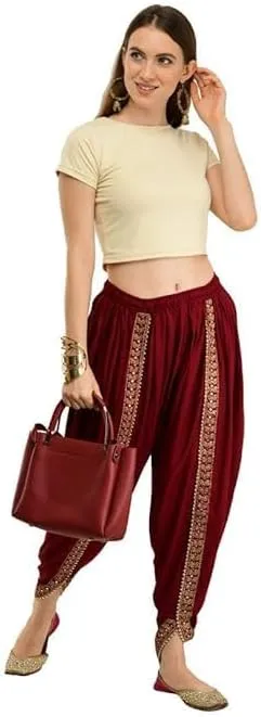 Women's Traditional Dhoti Harem Pants, Cream White with Gold Embellishments, Free Size 28-36