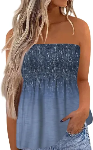 Womens Tube Tops Floral Smocked Ruffled Strapless Striped Tanks Backless Sexy Casual Bandeau Sleeveless Shirt