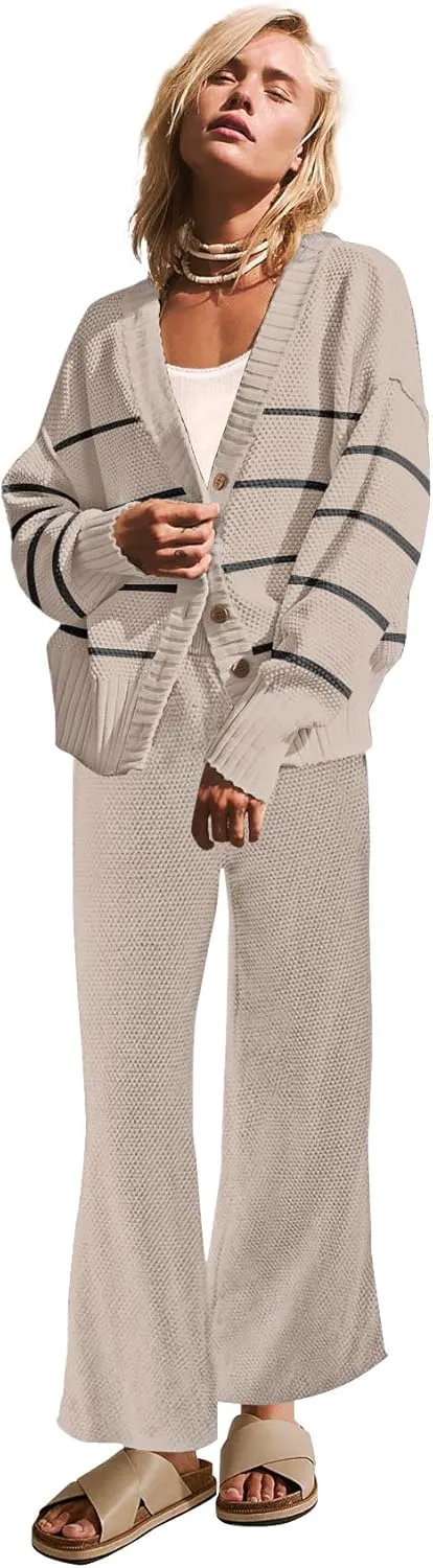Womens Two Piece Outfits Sweater Sets Open Front Knit Cardigan and Wide Leg Pants Sweatsuit Lounge Sets