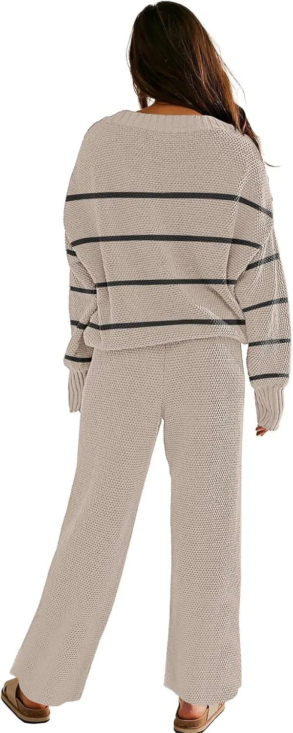 Womens Two Piece Outfits Sweater Sets Open Front Knit Cardigan and Wide Leg Pants Sweatsuit Lounge Sets