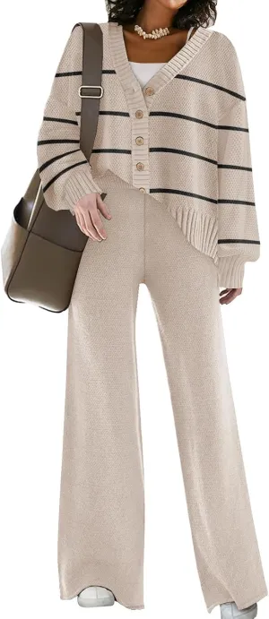 Womens Two Piece Outfits Sweater Sets Open Front Knit Cardigan and Wide Leg Pants Sweatsuit Lounge Sets