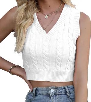 Women's V-Neck Knit Sweater Vest Solid Color Sleeveless Crop Knit Vest Sweaters