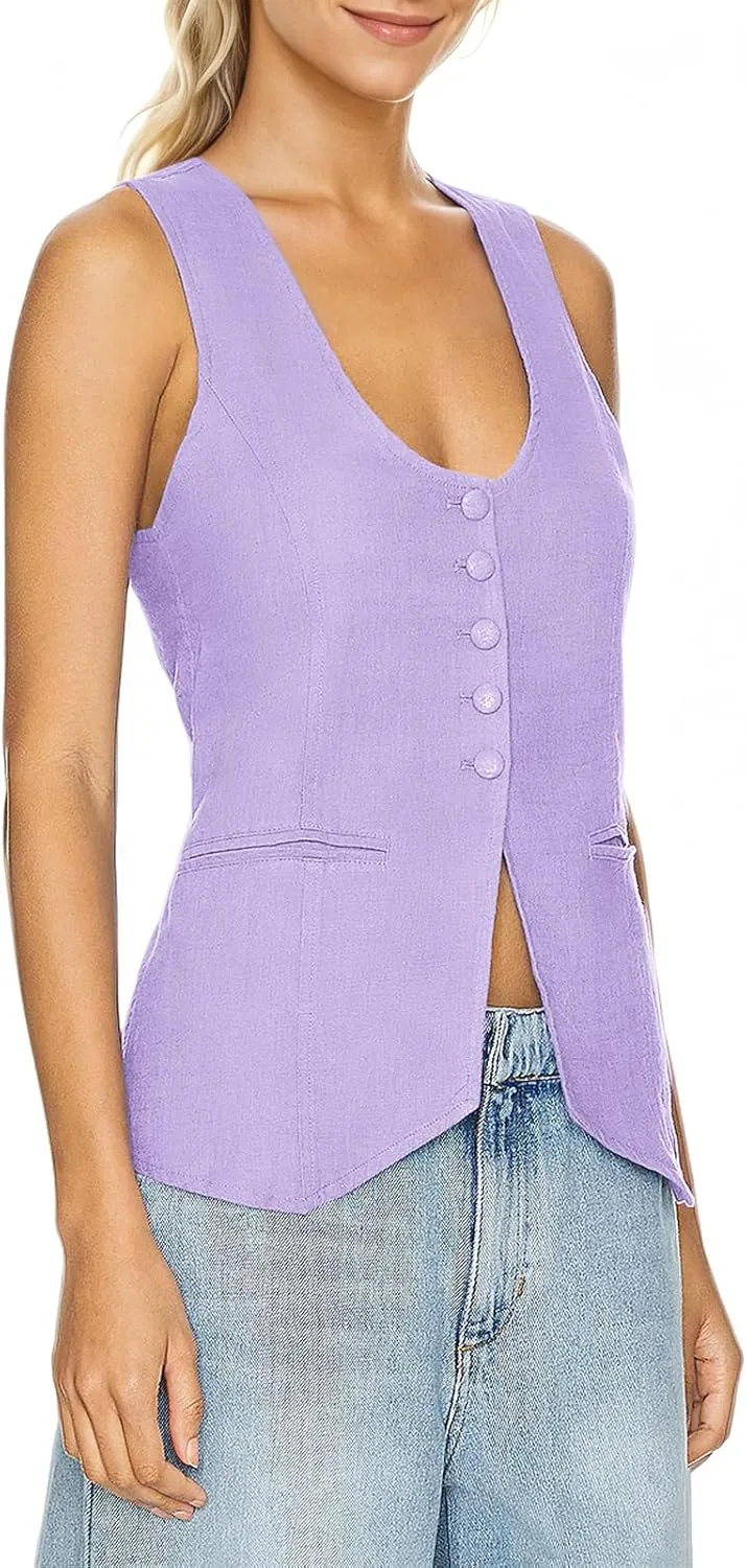 Womens Vest Top Trendy V Neck Summer Sleeveless Blazer Vest Waistcoat Linen Cotton Tank Tops 2025