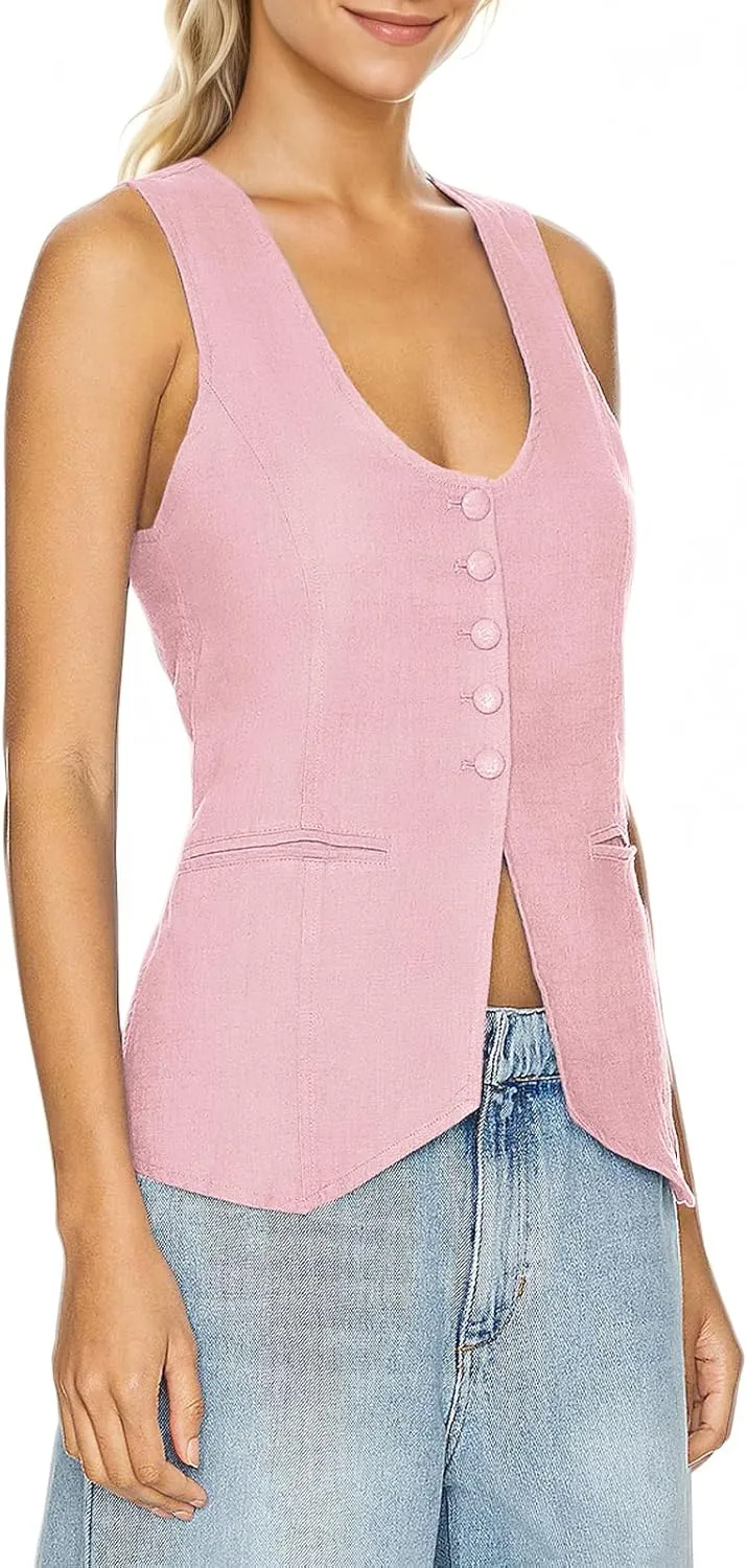 Womens Vest Top Trendy V Neck Summer Sleeveless Blazer Vest Waistcoat Linen Cotton Tank Tops 2025