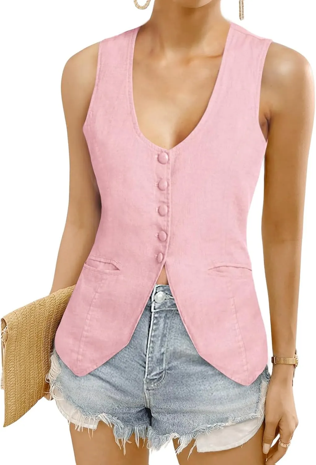 Womens Vest Top Trendy V Neck Summer Sleeveless Blazer Vest Waistcoat Linen Cotton Tank Tops 2025