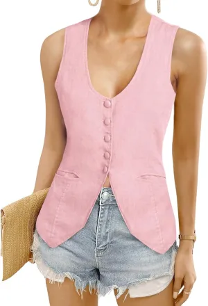 Womens Vest Top Trendy V Neck Summer Sleeveless Blazer Vest Waistcoat Linen Cotton Tank Tops 2025