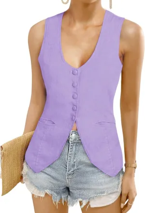 Womens Vest Top Trendy V Neck Summer Sleeveless Blazer Vest Waistcoat Linen Cotton Tank Tops 2025