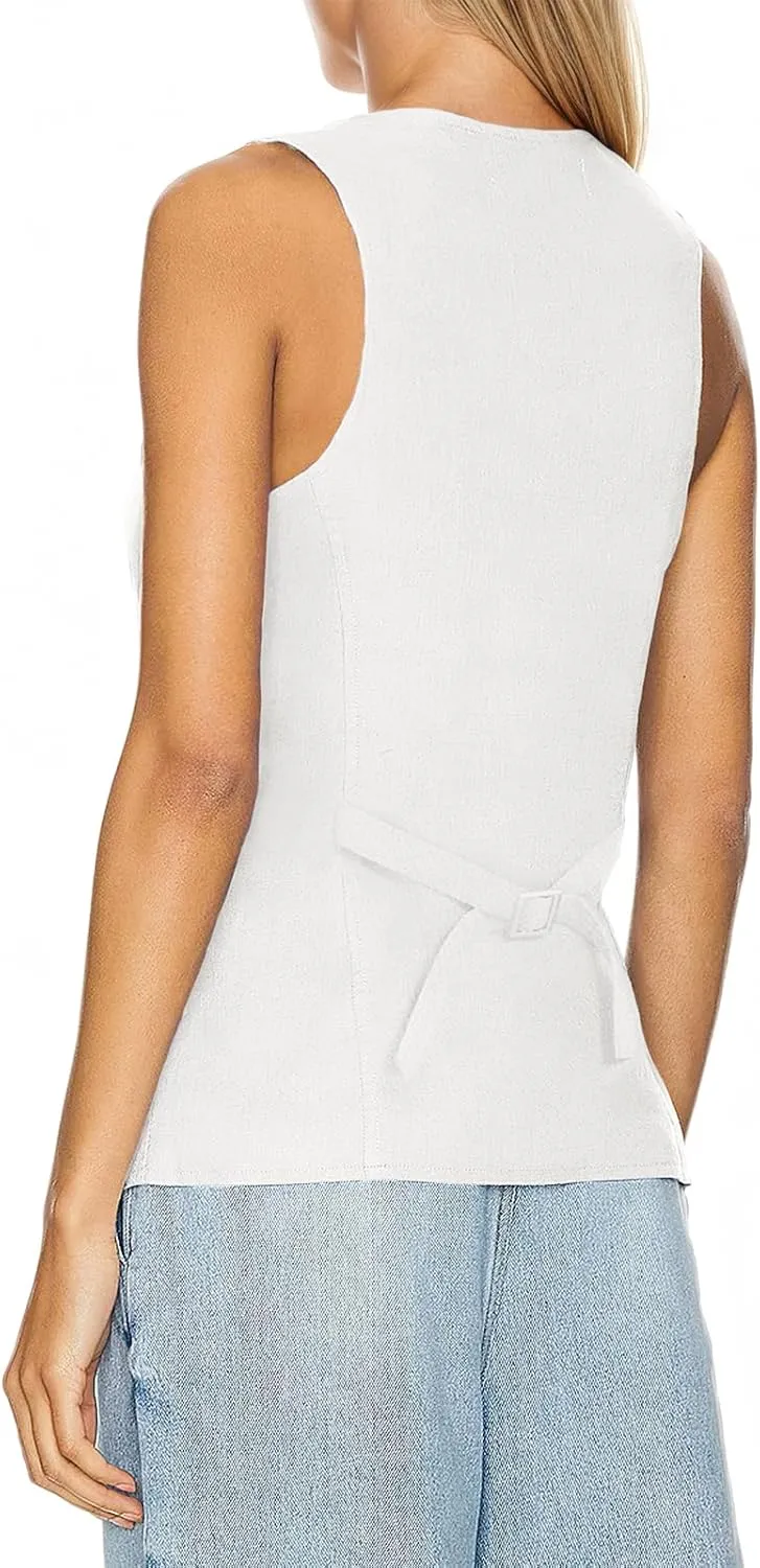 Womens Vest Top Trendy V Neck Summer Sleeveless Blazer Vest Waistcoat Linen Cotton Tank Tops 2025