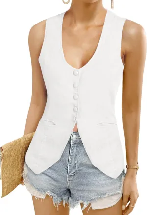 Womens Vest Top Trendy V Neck Summer Sleeveless Blazer Vest Waistcoat Linen Cotton Tank Tops 2025