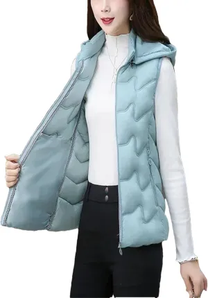 Women's Waistcoat Vest Padded Sleeveless Jacket Winter Warm Cotton Padded Puffer Vest Tops Outwear Hooded Coats
