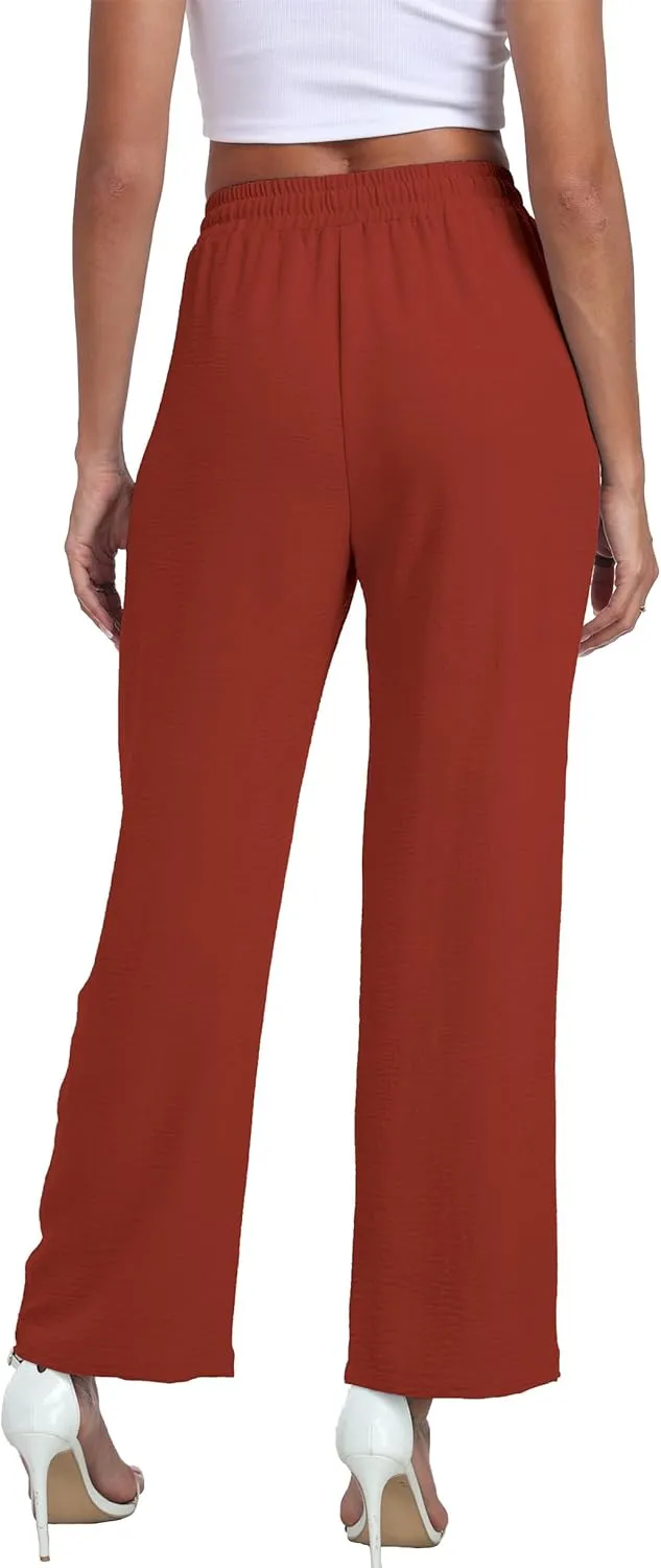 Women's Wide Leg Pants High Waist Adjustable Knot Loose Casual Trousers Business Work Casual Pants with Pockets