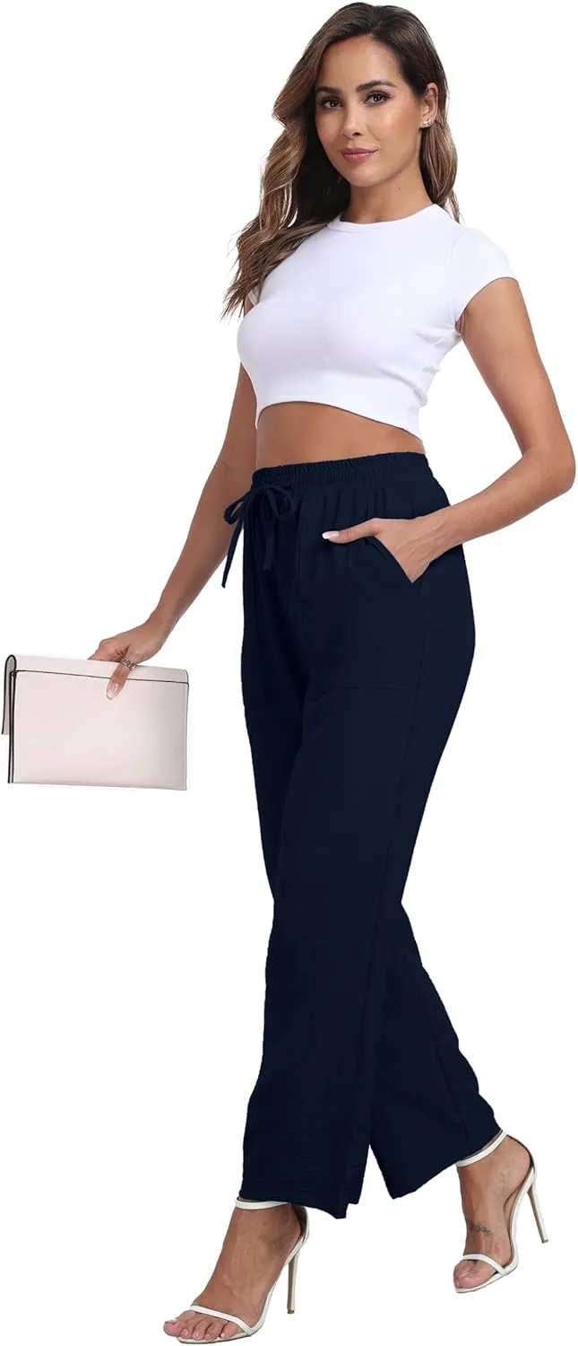Women's Wide Leg Pants High Waist Adjustable Knot Loose Casual Trousers Business Work Casual Pants with Pockets