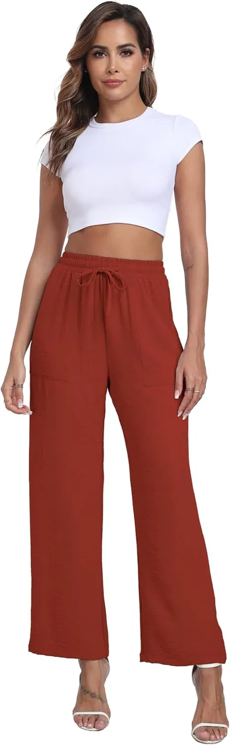 Women's Wide Leg Pants High Waist Adjustable Knot Loose Casual Trousers Business Work Casual Pants with Pockets