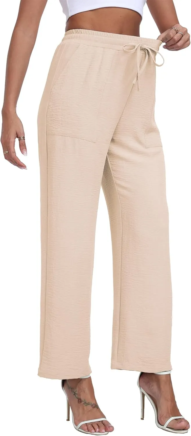 Women's Wide Leg Pants High Waist Adjustable Knot Loose Casual Trousers Business Work Casual Pants with Pockets