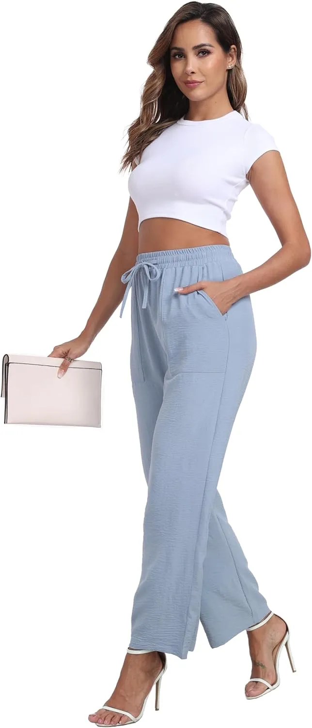 Women's Wide Leg Pants High Waist Adjustable Knot Loose Casual Trousers Business Work Casual Pants with Pockets