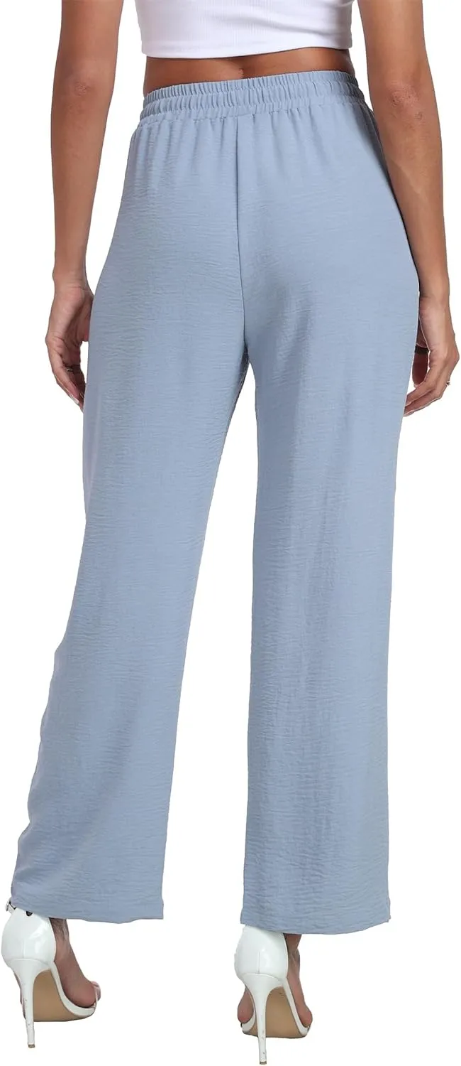 Women's Wide Leg Pants High Waist Adjustable Knot Loose Casual Trousers Business Work Casual Pants with Pockets