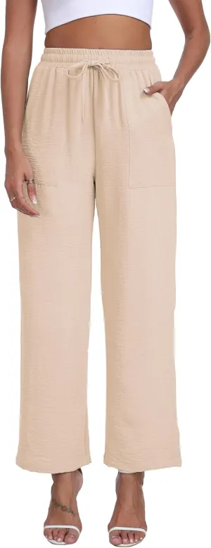 Women's Wide Leg Pants High Waist Adjustable Knot Loose Casual Trousers Business Work Casual Pants with Pockets