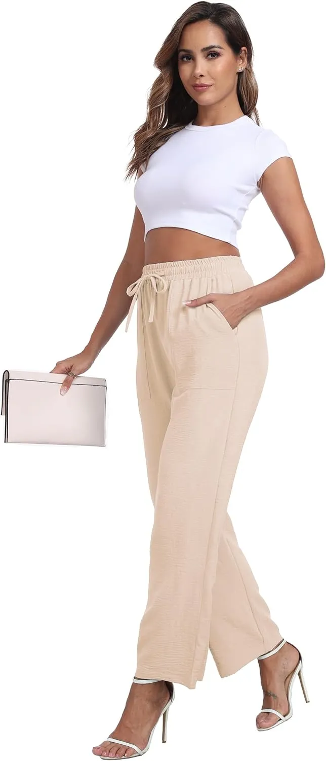 Women's Wide Leg Pants High Waist Adjustable Knot Loose Casual Trousers Business Work Casual Pants with Pockets