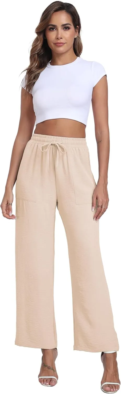 Women's Wide Leg Pants High Waist Adjustable Knot Loose Casual Trousers Business Work Casual Pants with Pockets