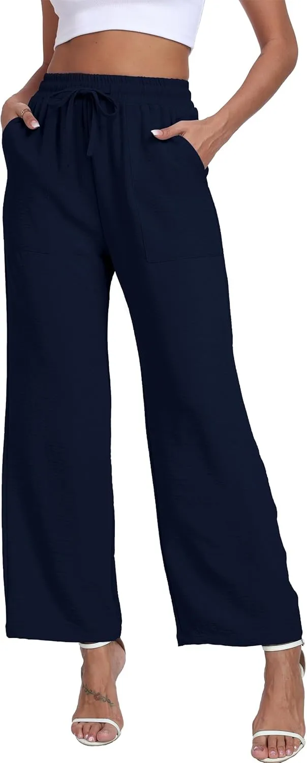 Women's Wide Leg Pants High Waist Adjustable Knot Loose Casual Trousers Business Work Casual Pants with Pockets