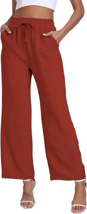 Women's Wide Leg Pants High Waist Adjustable Knot Loose Casual Trousers Business Work Casual Pants with Pockets