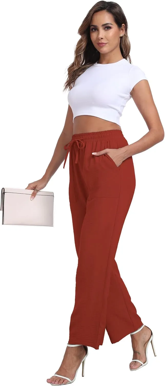 Women's Wide Leg Pants High Waist Adjustable Knot Loose Casual Trousers Business Work Casual Pants with Pockets
