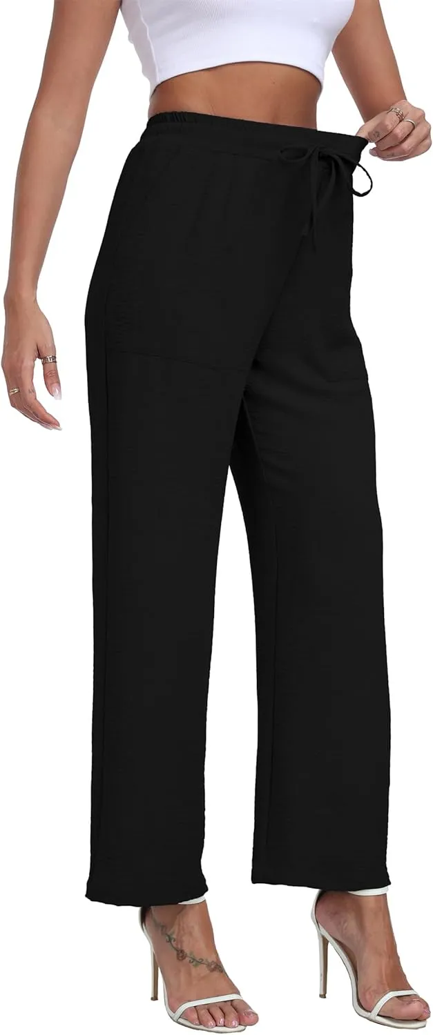 Women's Wide Leg Pants High Waist Adjustable Knot Loose Casual Trousers Business Work Casual Pants with Pockets