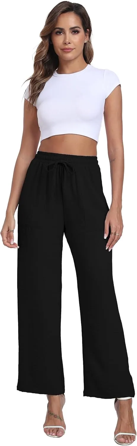 Women's Wide Leg Pants High Waist Adjustable Knot Loose Casual Trousers Business Work Casual Pants with Pockets