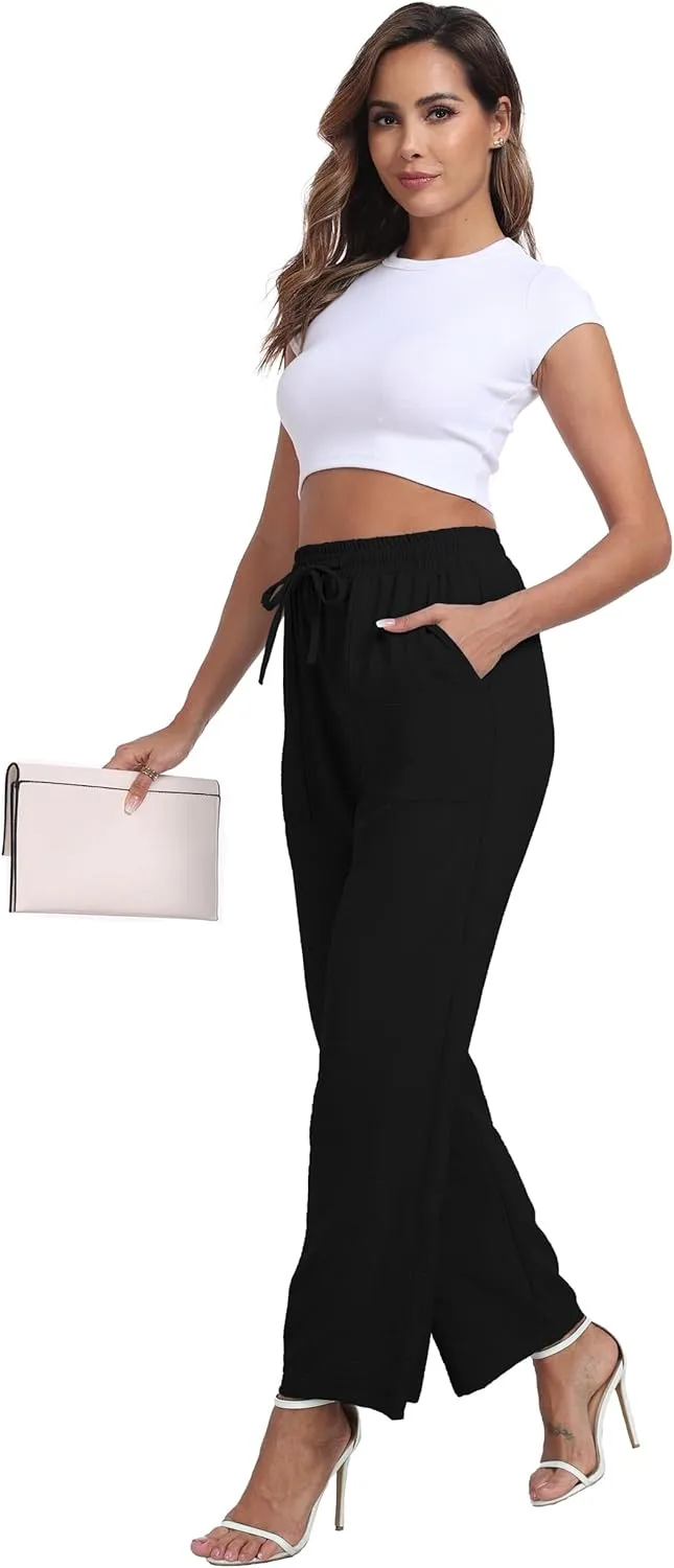 Women's Wide Leg Pants High Waist Adjustable Knot Loose Casual Trousers Business Work Casual Pants with Pockets