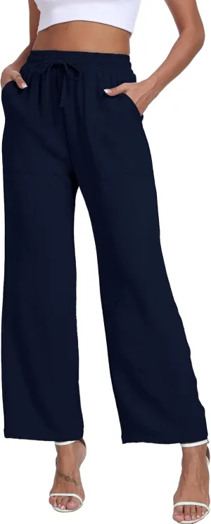 Women's Wide Leg Pants High Waist Adjustable Knot Loose Casual Trousers Business Work Casual Pants with Pockets
