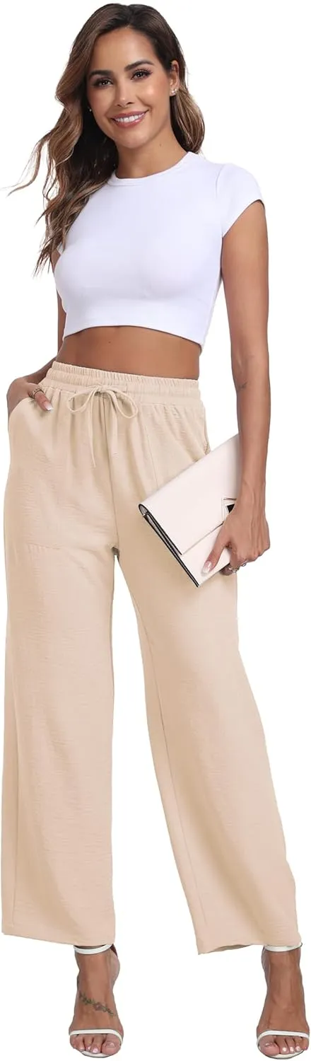 Women's Wide Leg Pants High Waist Adjustable Knot Loose Casual Trousers Business Work Casual Pants with Pockets
