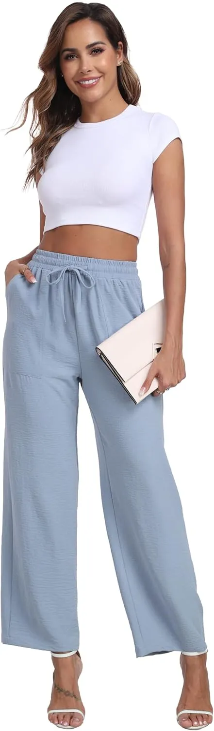 Women's Wide Leg Pants High Waist Adjustable Knot Loose Casual Trousers Business Work Casual Pants with Pockets