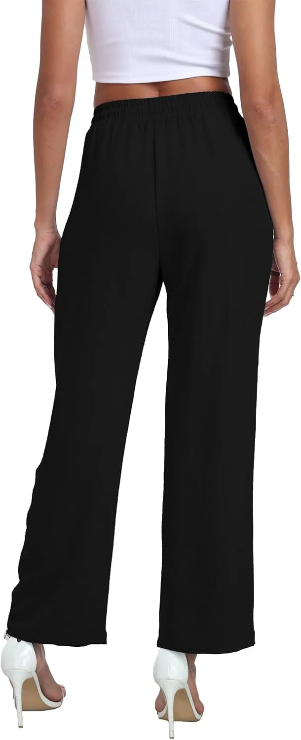 Women's Wide Leg Pants High Waist Adjustable Knot Loose Casual Trousers Business Work Casual Pants with Pockets