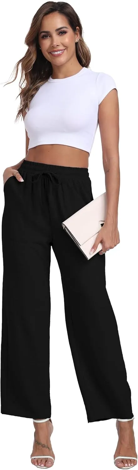 Women's Wide Leg Pants High Waist Adjustable Knot Loose Casual Trousers Business Work Casual Pants with Pockets