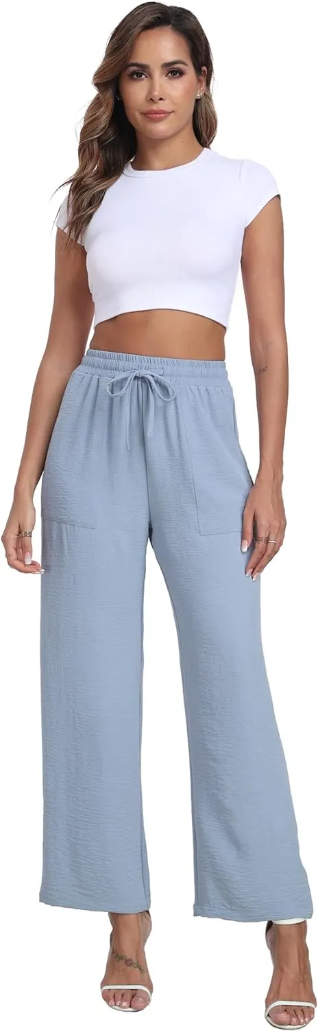 Women's Wide Leg Pants High Waist Adjustable Knot Loose Casual Trousers Business Work Casual Pants with Pockets