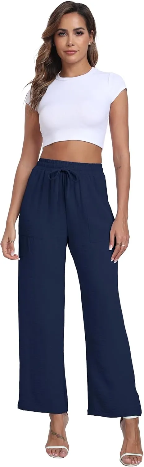 Women's Wide Leg Pants High Waist Adjustable Knot Loose Casual Trousers Business Work Casual Pants with Pockets