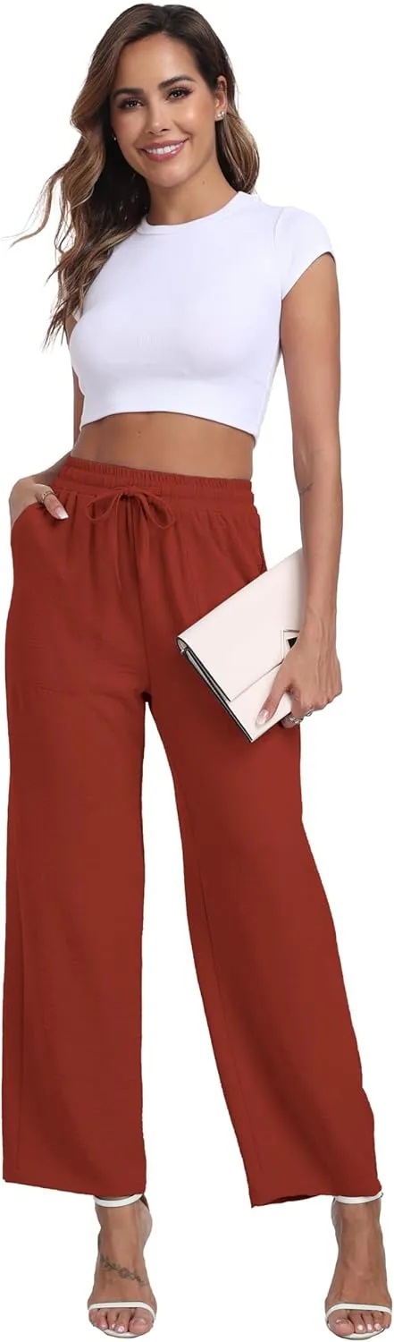 Women's Wide Leg Pants High Waist Adjustable Knot Loose Casual Trousers Business Work Casual Pants with Pockets
