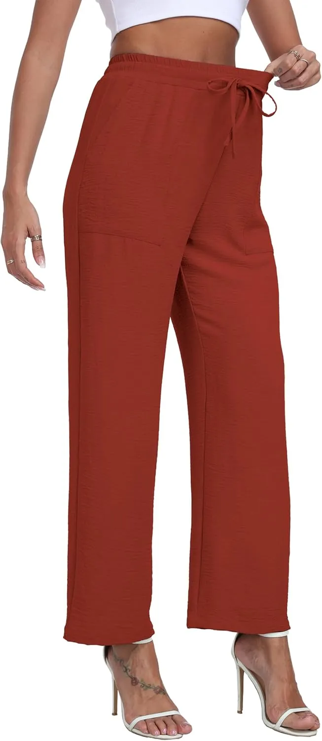 Women's Wide Leg Pants High Waist Adjustable Knot Loose Casual Trousers Business Work Casual Pants with Pockets
