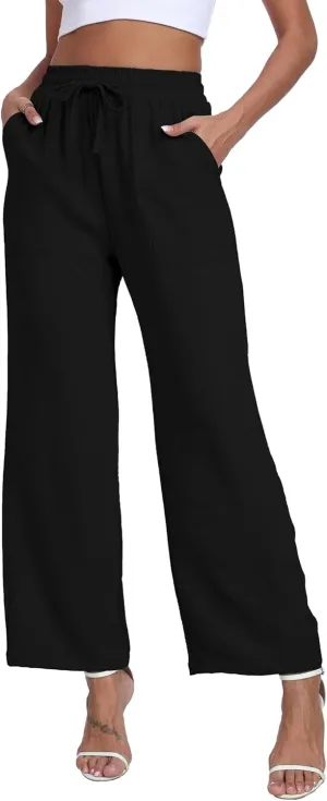 Women's Wide Leg Pants High Waist Adjustable Knot Loose Casual Trousers Business Work Casual Pants with Pockets