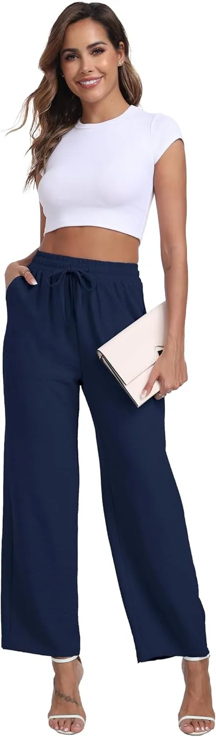 Women's Wide Leg Pants High Waist Adjustable Knot Loose Casual Trousers Business Work Casual Pants with Pockets