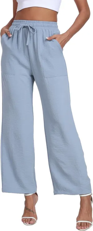 Women's Wide Leg Pants High Waist Adjustable Knot Loose Casual Trousers Business Work Casual Pants with Pockets