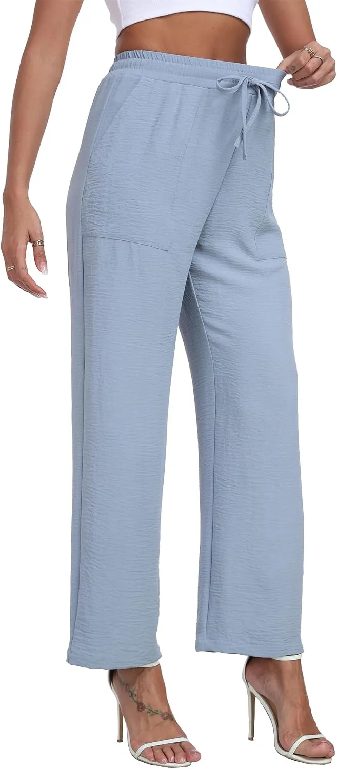 Women's Wide Leg Pants High Waist Adjustable Knot Loose Casual Trousers Business Work Casual Pants with Pockets