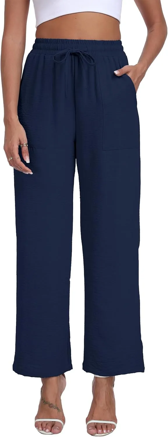 Women's Wide Leg Pants High Waist Adjustable Knot Loose Casual Trousers Business Work Casual Pants with Pockets