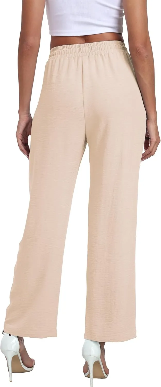Women's Wide Leg Pants High Waist Adjustable Knot Loose Casual Trousers Business Work Casual Pants with Pockets