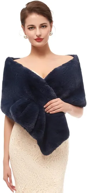 Women's Winter Warm Navy Faux Fur Shawl Coat Jacket Parka Outerwear Tops