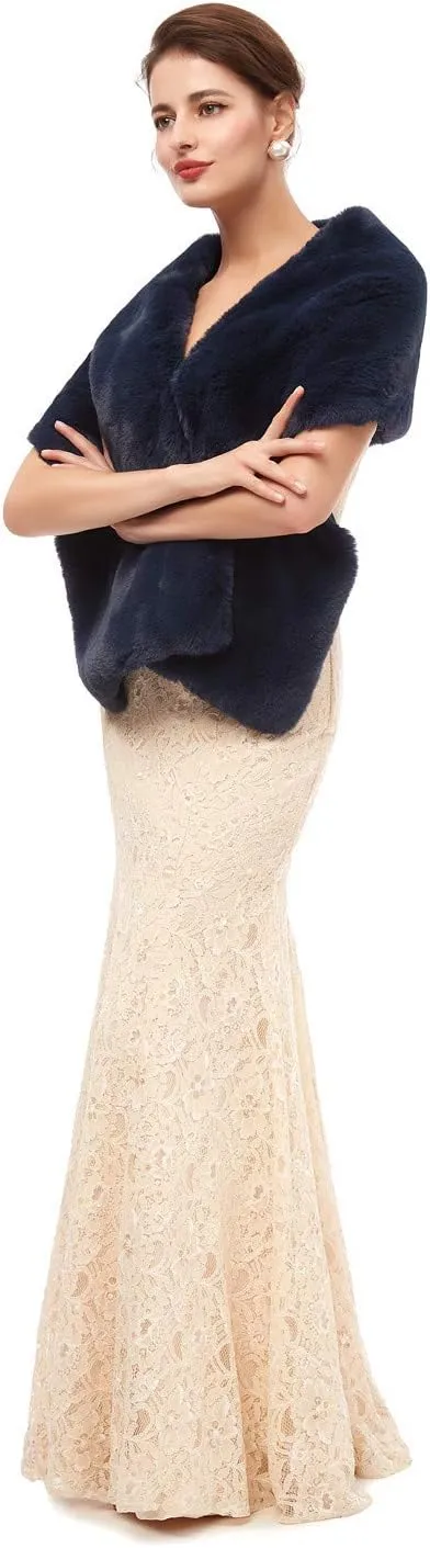 Women's Winter Warm Navy Faux Fur Shawl Coat Jacket Parka Outerwear Tops