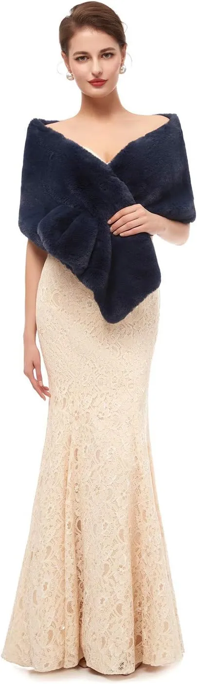 Women's Winter Warm Navy Faux Fur Shawl Coat Jacket Parka Outerwear Tops